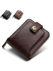 1 pieza Billetera personalizada para hombre - Billetera de piel sintética marrón de moda con diseño grabado, cierre a presión, ranuras para tarjetas con cremallera y monedero, accesorio elegante para el Día del Padre y ocasiones especiales | Billetera personalizada - Multicolor - Ver 10