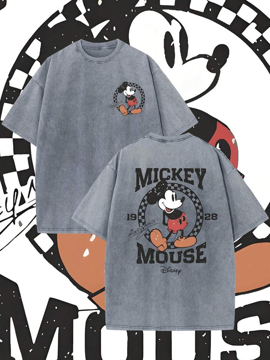 Disney, Disney Mickey Mouse; Short-Sleeved Men's Summer T-Shirt, Distressed Effect, One-Piece Design, Pure Cotton Fabric, Comfortable And Breathable, Casual Outdoor Street Style, Crew Neck; A High-Quality Fashion Brand, It Is An Ideal Surprise Gift For Family And Friends. - 灰色 - 查看 1