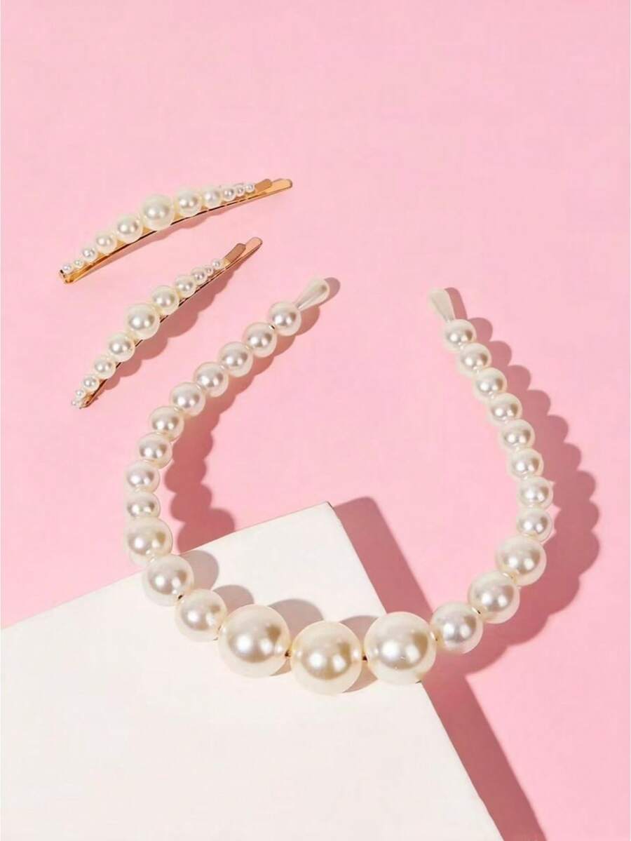 Set de 3 piezas de pinzas para el cabello y diadema de perlas de estilo minimalista y versátil para niñas, adecuado para uso diario - Beis - Ver 1
