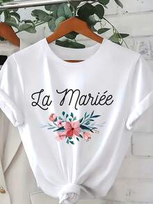 Women's Fashion Bridal Letter And Floral Print Round Neck T-Shirt - 7315 - 白色 - 查看 6