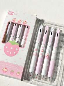 4pcs Cute Strawberry Cream Friction Grip Retractable Ballpoint Pens, 0.5mm Black Ink, Fashionable Design For Students - Strawberry Pen - View 4
