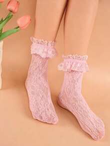 1双女士蕾丝中筒袜，大蕾丝边，可爱弹力镂空网眼长袜，洛丽塔风格可爱蕾丝袜 - 粉色 - 查看 2