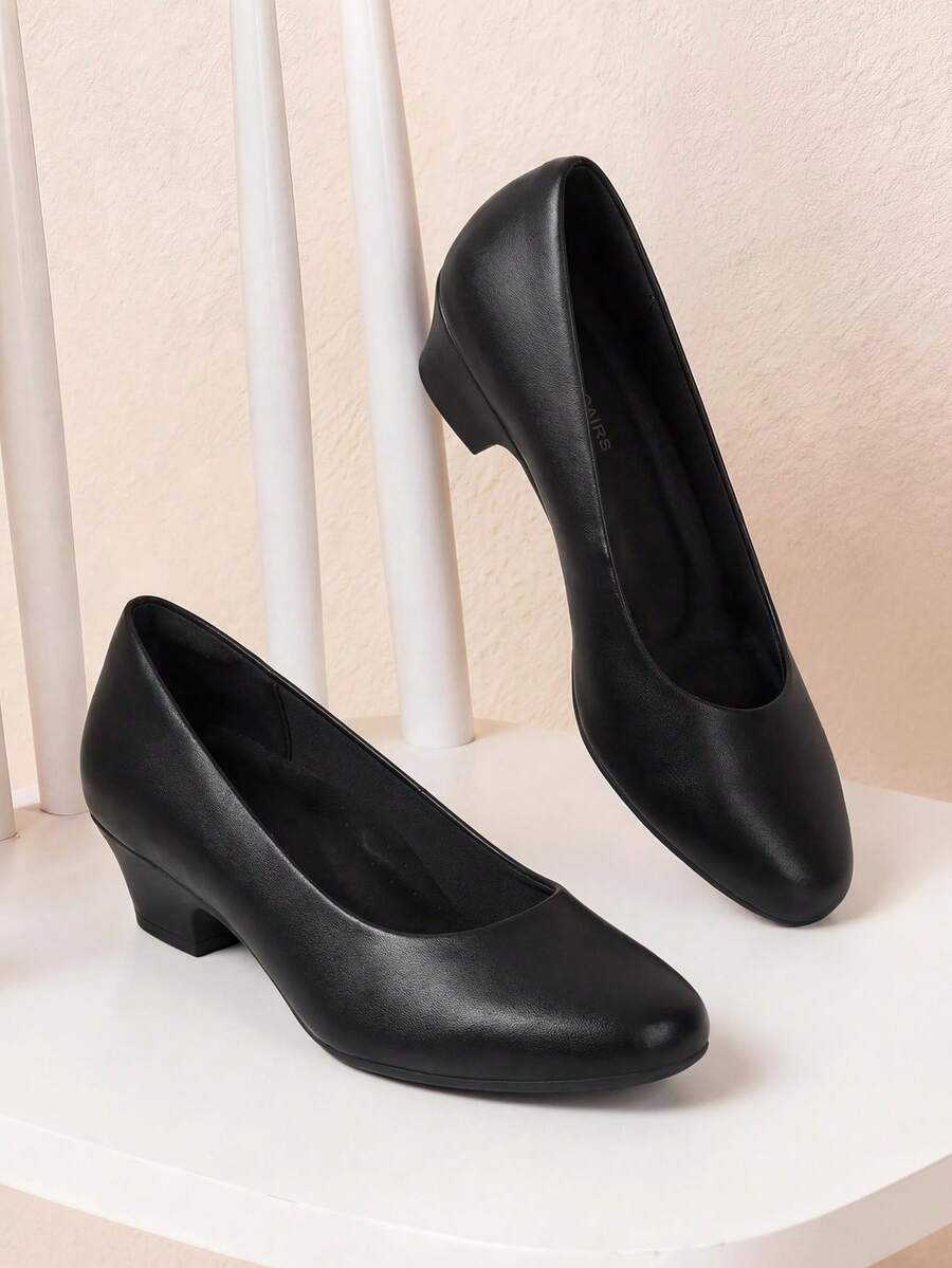 Women's Chunky Block Heel Pumps, Closed Toe Slip-On Dress Shoes – Comfortable Low Heels For Work, Wedding & Casual - Black - View 1