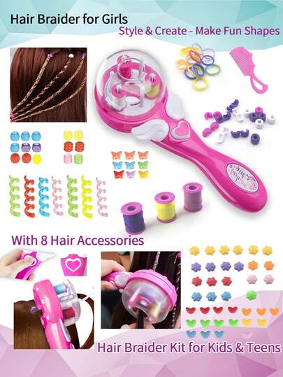2-In-1 Girls Rainbow Hair Ties & Braiding Tools Styling Set, Girls Hair Accessories Automatic Braiding Tool Combo Set. This 2-In-1 DIY Set Includes Various Colorful Hair Ties And Creative Hair Accessories. The Set Includes Rainbow Braiding Ties, 8pcs Colorful Hair Decor Accessories