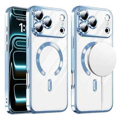 1PC Sierra Blue For Galaxy A06 A16 A26 A36 A56 S25 Ultra S24 Ultra Magnetic Clear Case, Compatible With Wireless Charging , Built-In Camera Lens Protector, Luxury Plating Soft TPU Transparent Shockproof Slim Thin Cover Waterproof Anti-Fall Scratch Resistant,Compatible With IPhone 17pro/17promax/Apple Air/17/16pro/16promax/16plus/16/16E