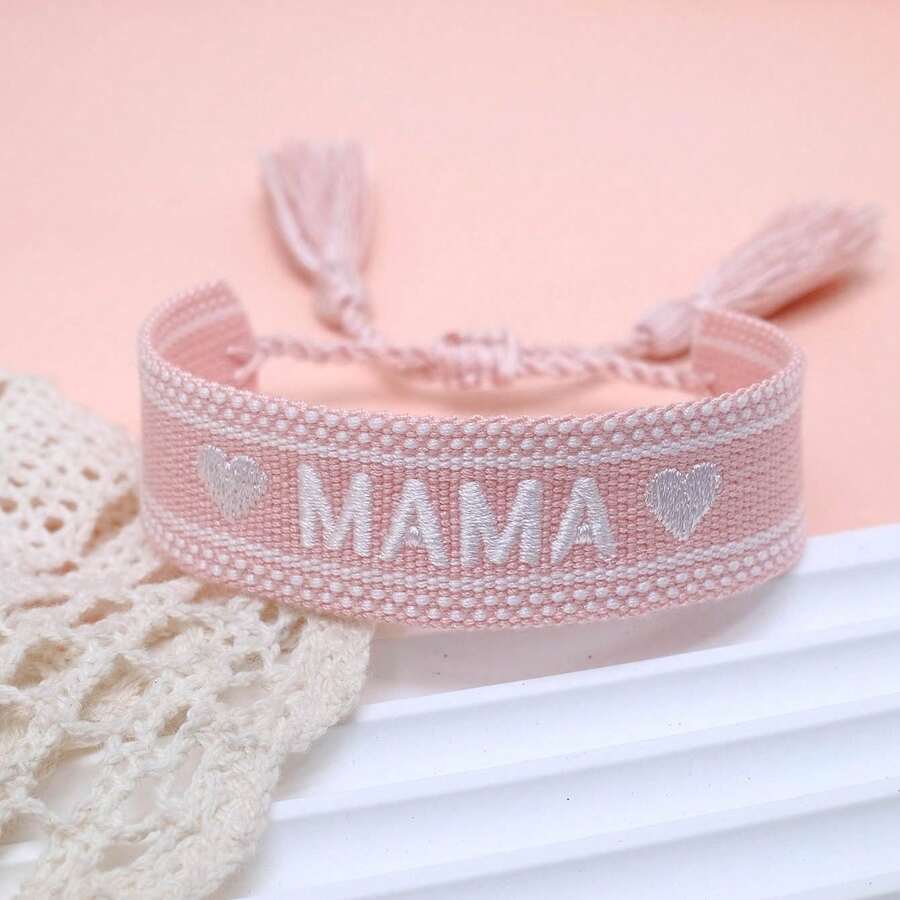 1pc Embroidered "MAMA" Heart Boho Tassel Braided Bracelet - Baby Pink - View 1