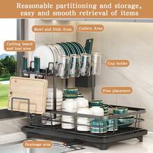 Kusuxva This Double-Layered, Large Metal And Carbon Steel Cutlery Rack Is Perfect For Kitchen Countertops. It's Space-Saving And Durable, Featuring Knife, Fork, And Cup Holders, As Well As A Drainer. The Rust-Resistant Design Makes Your Kitchen More Organized And Uncluttered. - 灰色 - 查看 2