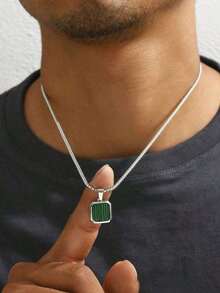 1pc Minimalist Men's Punk Style Square-Shaped Green Synthetic Turquoise Pendant Necklace With Stainless Steel Chain, Casual/Business Accessory (Random Stone Pattern And Size) - 銀級 2 - 查看 9