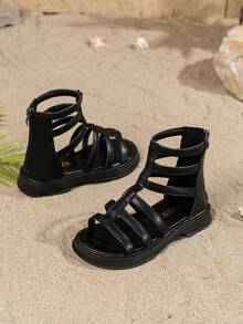 女童黑色高帮凉鞋，夏季新款，后拉链设计，柔软防滑鞋底，时尚休闲大童鞋 - 黑色 - 查看 8