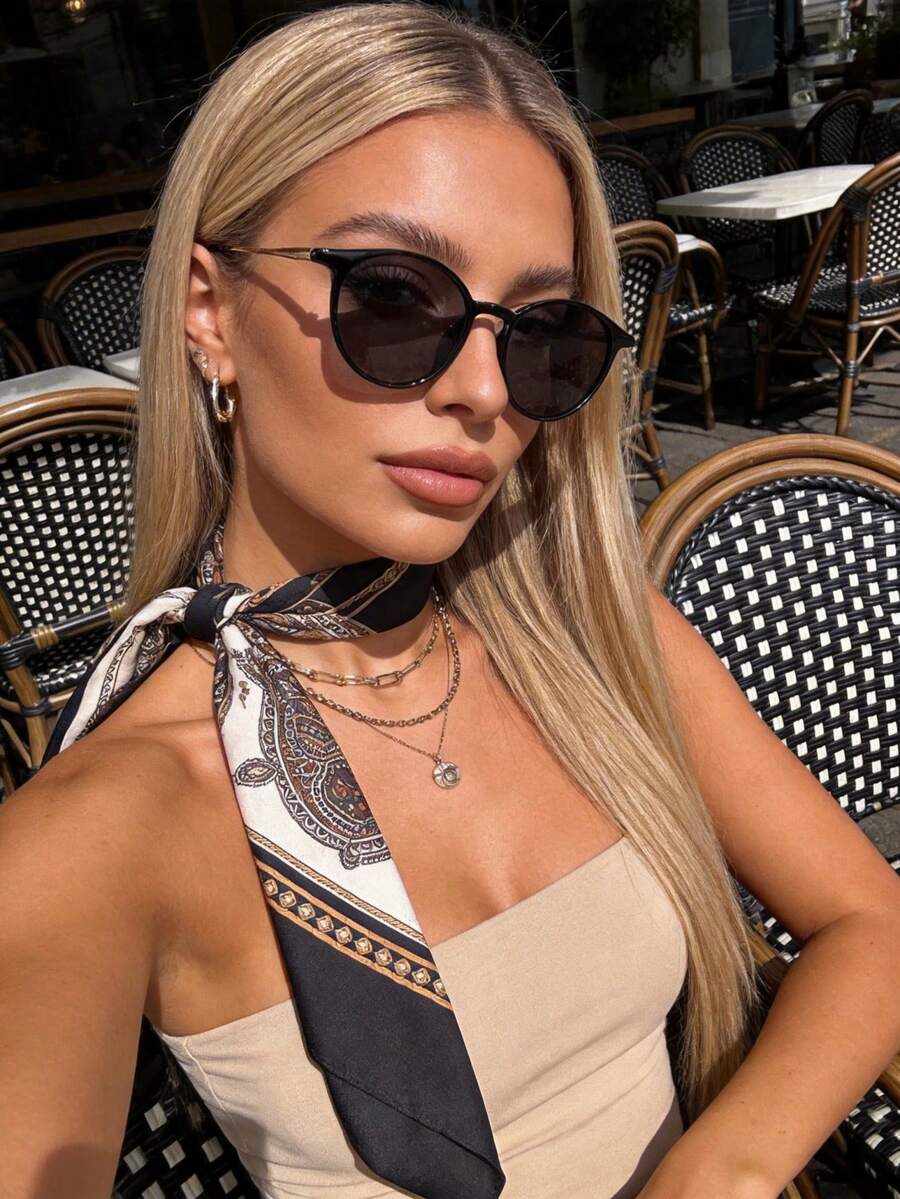 1 Pair Plastic & Metal Round Full-Rim Women's Fashion Glasses, Suitable For Driving, Camping, Rave Parties, Street Photography, Tropical Beach Vacation, Family Outings, Outdoor Attire, Dating, Fashion Accessory - 黑框灰片-1 - 查看 1