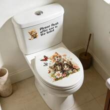 1/3pcs Self-Adhesive Toilet Sticker, Removable Waterproof PVC, Rabbit And Cat Design With Text Design. Perfect For Washing Room. - multicolor - View 2