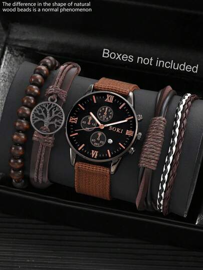 SOKI SOKI Men's Watch Set Calendar Function Stylish & Casual Nylon Strap With Leather Cord Set Suitable For Daily Wear (Does Not Include Packaging Box)