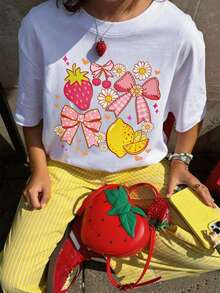 Camiseta de cuello redondo con estampado de limón, fresa y lazo para adolescentes, top casual suave para primavera/verano - Blanco - Ver 7