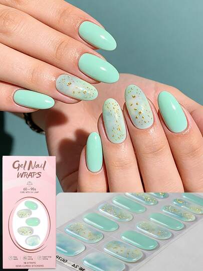 16pcs Spring/Summer Dreamy Fresh Mint Green Gold Foil Tie Dye Semi-Cured Gel Nail Stickers, Vibrant Glossy Finish, Long-Lasting, Requires UV Lamp, Suitable For Women/Girls Vacation, Travel, Daily, Weekend, DIY Manicure, Gift