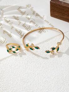 16K Gold Plated Minimalist Leaf Shaped Open Bangle & Ring Set - Multicolor - View 1