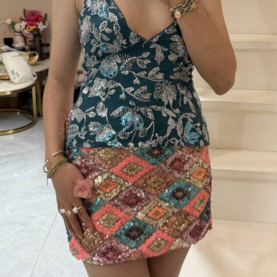 Women's Y2k Sexy Mini Skirt Fashion Colorblock Sequin Embellished Skirt Short Skirt Beach Vacation Sparkle Shine Style Glittery Bodycon Pencil Skirt Night Club Streetwear Y2k Clothes - 金色 - 查看 1