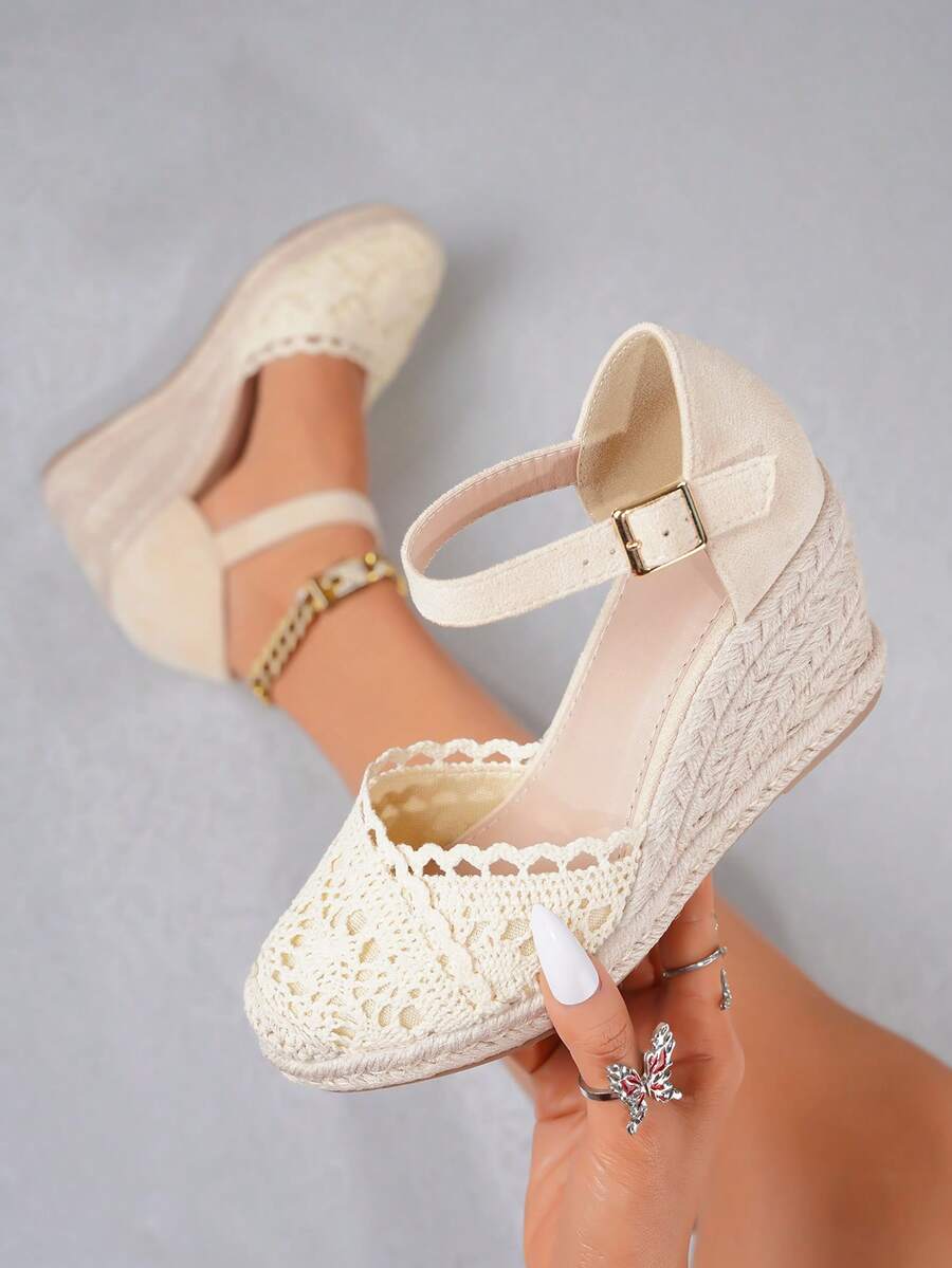 Sandal đế xuồng cao gót thời trang nữ, chất liệu rơm đan, kiểu dáng thường ngày, thích hợp cho kỳ nghỉ. - Màu be - Xem 1