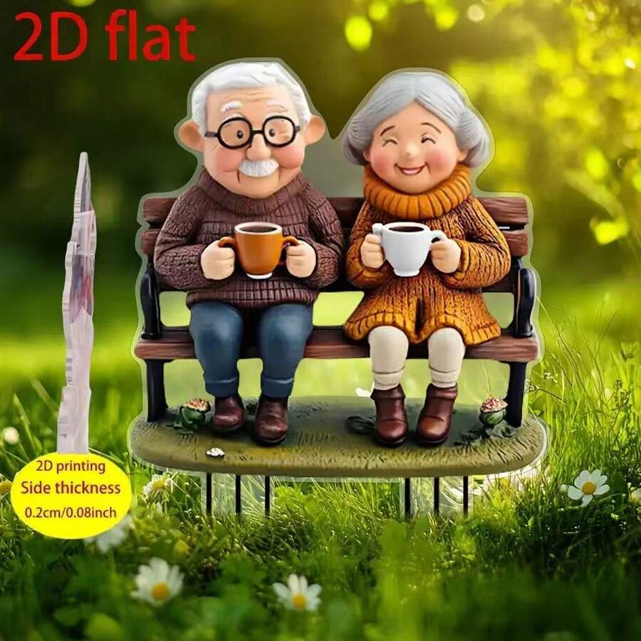 1pc 2D Printed Acrylic Outdoor Garden Stake, Romantic Elderly Couple Bench Lawn Decor - A - View 1