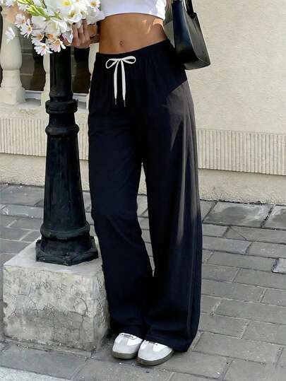 Women's Casual Straight Leg Pants, Outdoor Versatile Solid Color Pants With Elastic Waist, Lightweight Spring/Autumn Casual Trousers