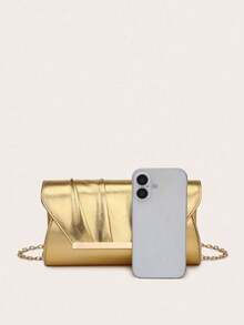 1个女士信封手拿包，配链条肩带，漆皮翻盖设计，金色，适合派对和购物场合 - 金色 - 查看 4