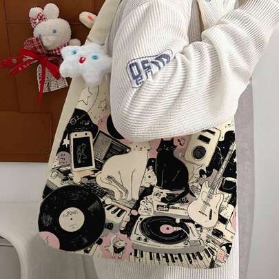 1Pc Off-White Cat & Vinyl Graffiti Canvas Bag, Washed Soft Fabric, Large Capacity Tote With Inner Pockets, Magnetic Buckle Closure, Adjustable Wide Strap, Retro Sweet Cool Style, Ins Hobo Shoulder Bag For Women, Ideal For Commute, School & Travel