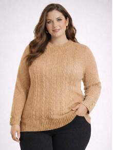 Blusa Feminina Plus Size em tricot com Tranças e Botões Decorativos  Casual    Tricô de malha    Ponto em cabo  Malhado  Botão    Feminino  Diário  Noite  Escritório  Escola    Inverno - Bege - Visão 1