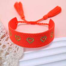 1pc Handmade Embroidered Heart Adjustable Braided Tassel Beach Boho Style Bracelet, Suitable As Gift For Friends, Family, Party, Wedding - Orange - View 5