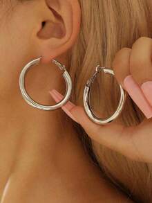 1pair Ladies' Gold-Color Circle Tube C Shape Hoop Earrings - Gold - View 12