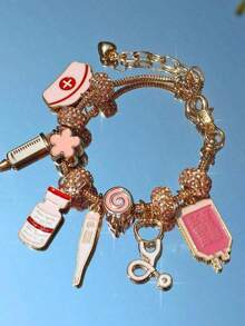 Pink Nurse Hat Charm Bracelet, Medicine Bottle & Syringe Pendant Charm Bracelet, Pink Nurse Stethoscope Bracelet, Pink Cosplay Bracelet - 護士節元素系列手鍊 - 查看 1