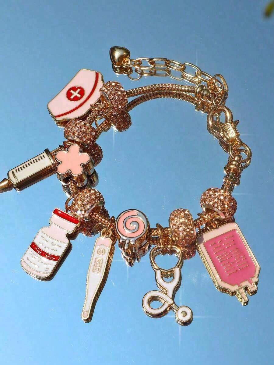 Pink Nurse Hat Charm Bracelet, Medicine Bottle & Syringe Pendant Charm Bracelet, Pink Nurse Stethoscope Bracelet, Pink Cosplay Bracelet - 護士節元素系列手鍊 - 查看 1