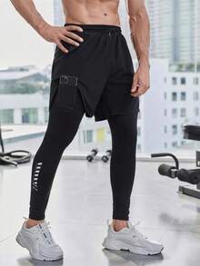 Men's Lightweight 2 In 1 Sports Pants, Casual Fashion Fitness Running Trousers - Black - View 1