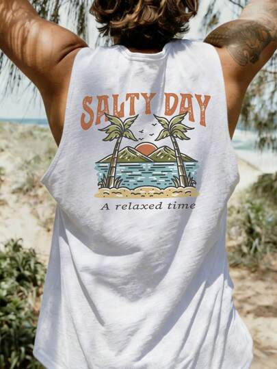 Coastal | Men's Lightweight Summer Vacation Palm Tree Letter Print Crew Neck Casual Tank Top