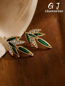 1 Pair Fashionable Minimalist Delicate Rhinestone Bamboo Leaf Stud Earrings, Suitable For Women's Daily And Holiday Wear - Bamboo Leaves - View 7