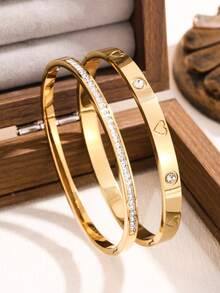 奢华闪亮四叶草锆石不锈钢女士手链，适合多种场合 - 金黃色 - 查看 8