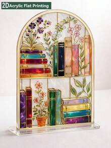 1个亚克力书架阳光捕捉器，2D打印复古图书馆花卉书堆装饰，美观书虫桌面摆件，透明防水防刮书架造型舒适阅读角装饰，文学主题房间装饰，毕业/生日礼物 - 款式A - 查看 5