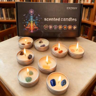 Set de regalo de 8 velas perfumadas de cristal, 8 fragancias correspondientes a 8 cristales de energía, activan la fragancia y la protección, adecuado para Navidad, San Valentín, Año Nuevo, regalos, decoración del hogar, fiesta de cumpleaños, boda, tiempo de quemado de hasta 12 horas