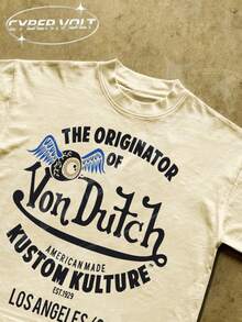 Dutch Manfinity Y2K Style  Print (180g Pure Cotton T-Shirt) Cotton T-Shirt - Soft And Breathable, Green Print 100% Pure Cotton Fabric - Comfortable And Vibrant Summer Streetwear Short-Sleeved T-Shirt, Cool Motorcycle Design, Vintage Summer Men's Everyday Wear T-Shirt - Màu be - Xem 2