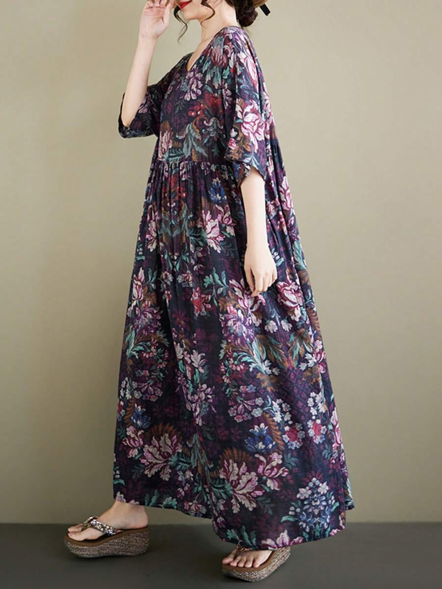 AZAH 2026 Summer New Bohemian Casual Vacation Beach Dress, Plus Size Tropical Floral Print Long A-Line Maxi Dress, Round Neck, With Pockets, Blue Floral Women Long Dress. This Casual Plus Size A-Line Maxi Dress With Round Neck And Batwing Sleeves Is Suitable For Daily Wear. Elegant - Multicolor - View 1