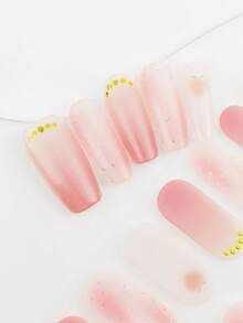 1 Sheet Pink-Toned Peach Full-Cover Nail Stickers - With Gradient Pink, Peach Patterns, Glitter & Gold Accents, Soft Gentle Style, Suitable For Spring Outings, Girlfriends' Afternoon Tea & Sweet Dates, Adhesive & Fitted, Easy To Create Spring Soft Exquisite Nail Looks - Multicolor - View 7