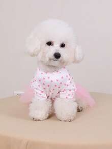 Hunde-Kleid mit Herz-Muster, Kurzarm, mit Schleife und Tüllrock, Alltagskleidung für Welpen, Haar-abweisend - Pink - Übersicht 5