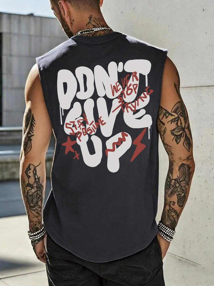 Áo tank top nam mùa hè mới, phong cách đường phố, in khẩu hiệu truyền cảm hứng, dáng rộng, cổ tròn, thường ngày. - Màu xám đen - Xem 1