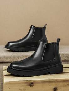 1 Pair Men's Stylish Black Chelsea Boots, Thermal Lining Thick Sole Elevator, Minimalist Versatile & - Black - View 6