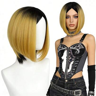 Ombre Short Bob Wig, Black To Honey Blonde Gradient, Comfortable To Wear & Easy To Maintain For Daily Casual, Party, Cosplay & Music Festival Looks