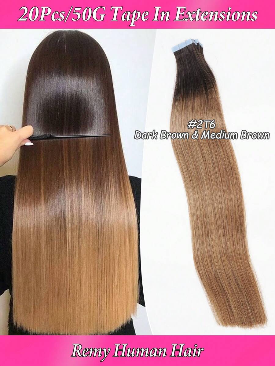 16"-24" 100% 真人髮片式接髮 女用 20片/包 直髮 無縫膚色接髮片 Remy 真人髮片 深棕色 2#，適用於流行配色萬聖節造型、新娘髮型、陰森哥德風造型