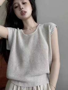 Y6Y - Áo thun ngắn tay dệt kim khoét vai thiết kế độc đáo, áo hai dây nữ mùa hè kiểu dáng thường ngày. - Màu be - Xem 5