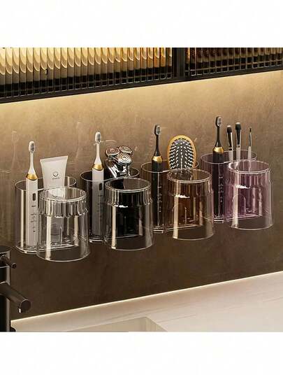 1个壁挂式牙刷架带漱口杯 - 节省空间的浴室牙膏和牙刷收纳架，多功能储物架，可存放牙刷、口红、化妆品等。