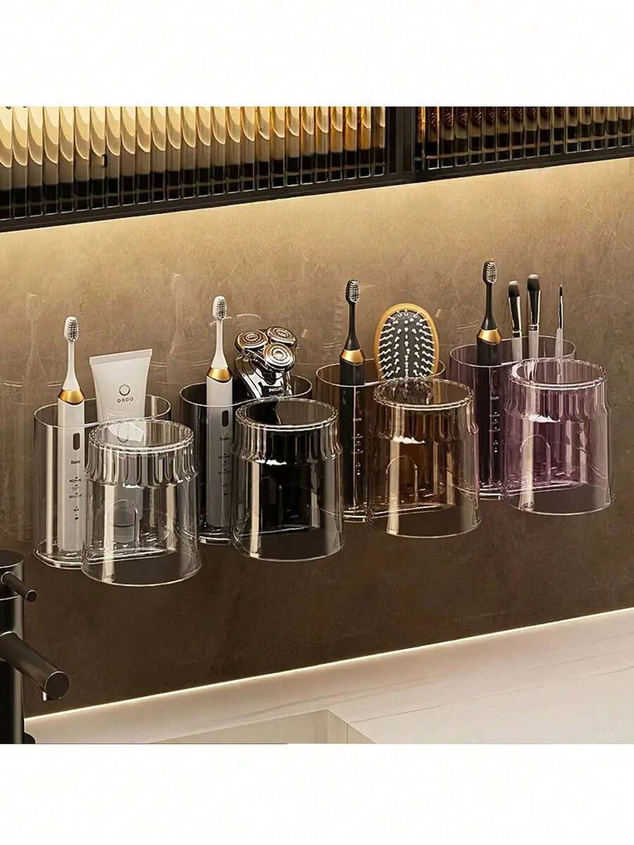 1pc Wall-Mounted Toothbrush Holder With Rinse Cup - Space-Saving Bathroom Toothpaste & Toothbrush Organizer, Multi-Function Storage Rack For Toothbrush, Lipstick, Cosmetics, Etc.