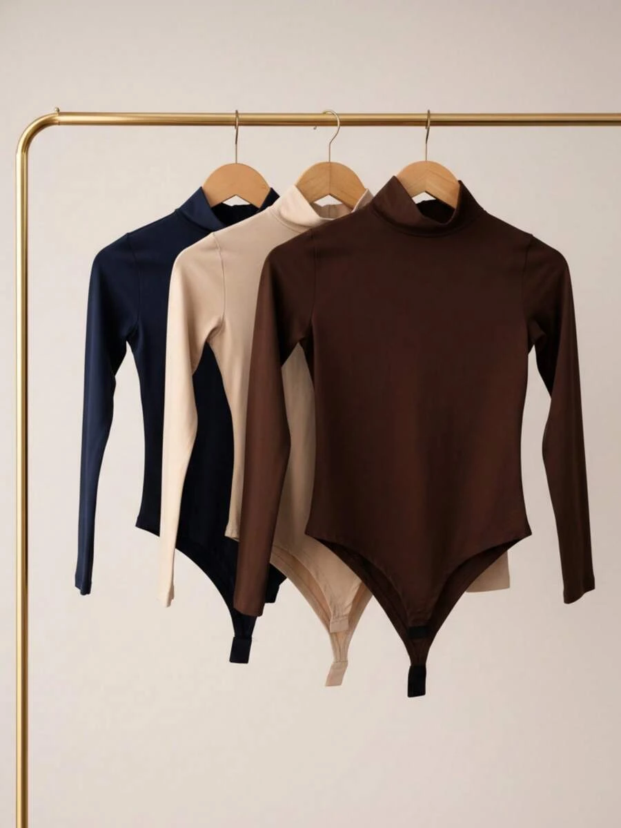 Women's Bodysuit Kit, High Neck, Long Sleeve, Second Skin, Basic, Versatile, Fashion Blogger Style, - 咖啡米色-黑色 - 查看 1