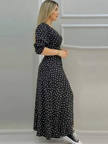Vestido largo con abertura sexy en pierna de lunares y animal print   Lunares    Casual  Sencillo  Sexy  Fiesta    Tela    Abertura  Asimétrico    Noche de fiesta  Vacaciones  Boda  Vacación  Diario  Tener una cita  Sesión de fotos  Calle    primavera-verano otoño-invierno - Negro lunares - Ver 6