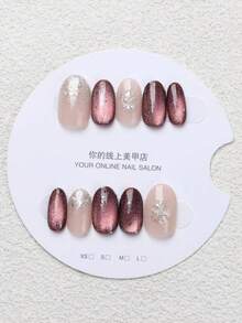10 pièces d'autocollants d'ongles français ovales faits à la main, marron et blanc avec décoration dorée, réutilisables, convenant aux femmes pour les vacances ou les occasions spéciales - Marron fonçé - Voir 5